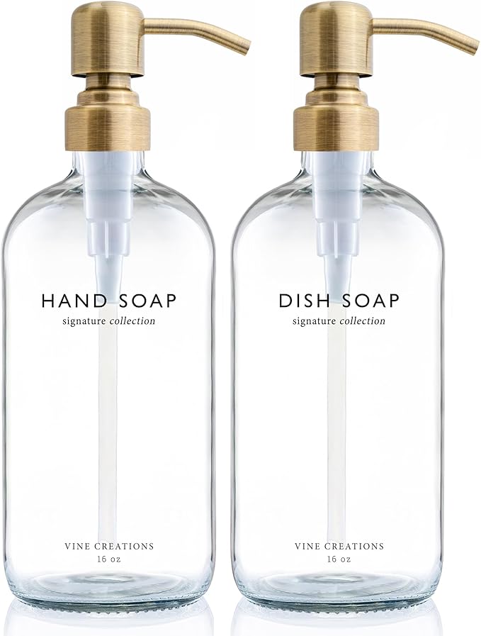 Vine Creations Clear Glass Soap Dispenser Set, Dish Soap and Hand Soap Dispenser Set with Stainless Steel Pump, 16 oz Glass Dispensers for Kitchen Bathroom Decor (Clear Bottle/Brushed Brass Pump)