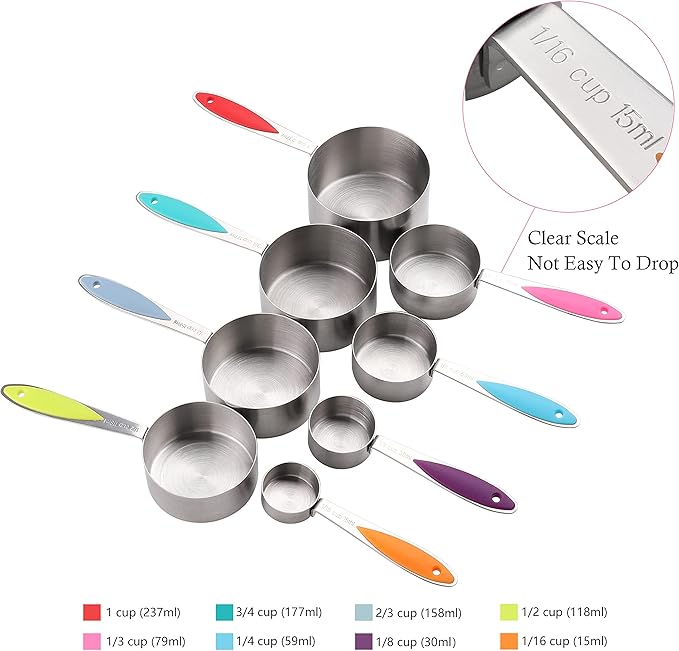 Measuring Cups and Spoons Set Stainless Steel Including 8 Stackable Measuring Cup 8 Double Sided Magnetic Measuring Spoons with 1 Leveler for Dry and Liquid Ingredients