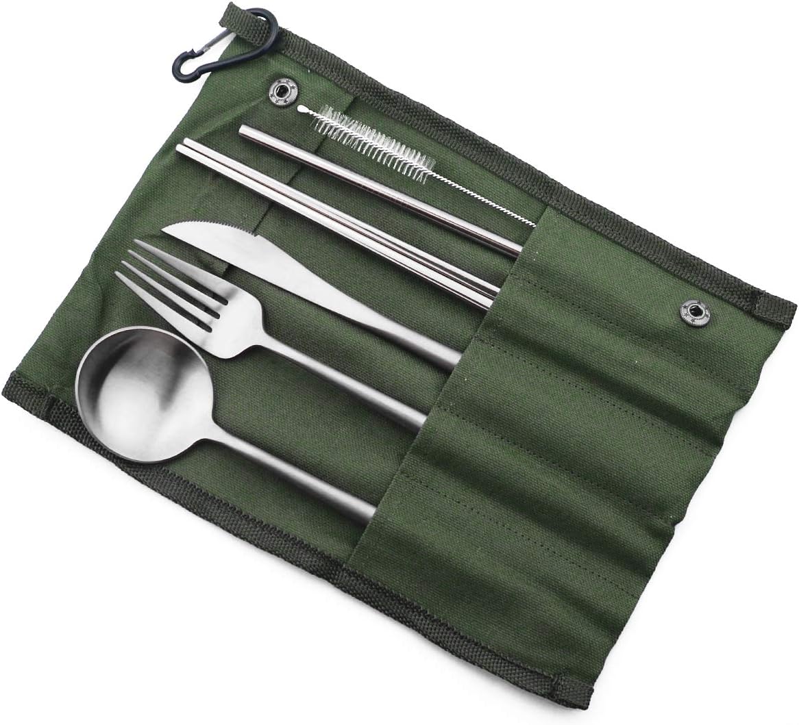 Gugrida Reusable Travel Utensils, 7 Pieces Portable 18/10 Stainless Steel include Knife Fork Spoon Chopsticks Cleaning Brush Straws Portable Pouch, Eco-friendly Camping Silverware Set, Dishwasher Safe