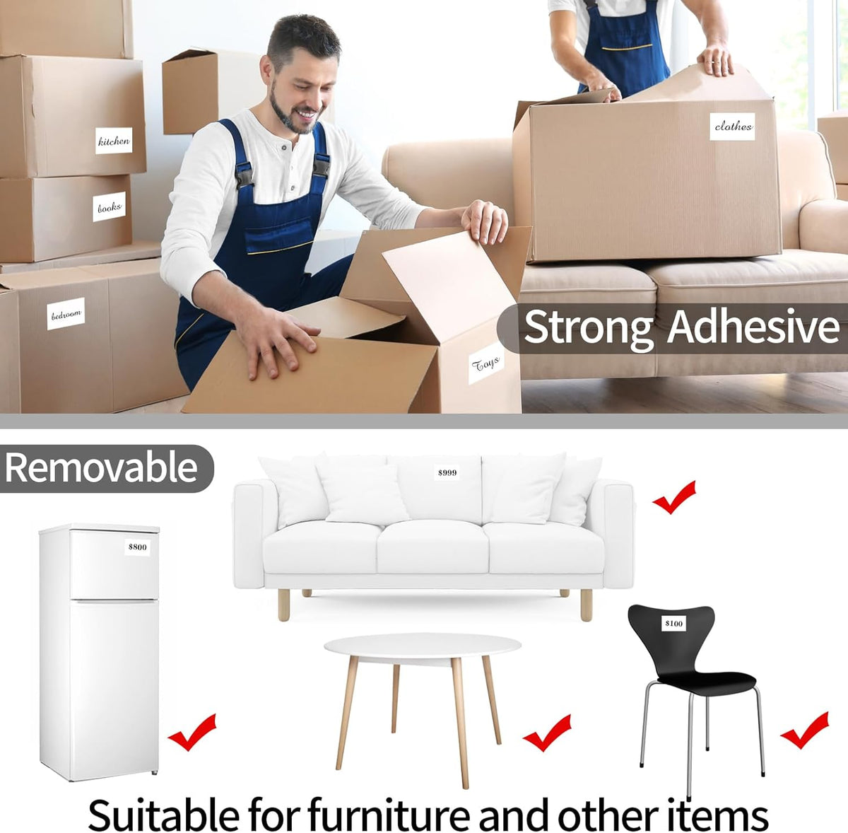 STARLIBOO Removable Colored Labels Stickers, 3X5 Inch Removable Large Label Stickers for Moving Boxes and Storage Bins- Waterproof- Tear Resistant (White)