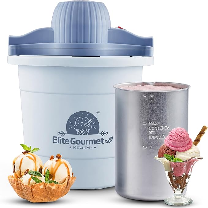 Elite Gourmet 4Qt Electric Ice Cream Maker EIM350 Delicious Homemade Ice Cream, Gelato, Sorbet, Frozen Yogurt, 4Qt Aluminum Freezing Cannister, Durable Plastic Ice Bucket, Powerful 50W, Periwinkle