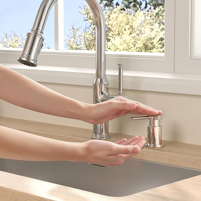 Lava Odoro Chrome Soap Dispenser for Kitchen Sink, Modern Brass Built in Countertop Pump Dispenser with 18 Oz Refillable Bottle, Kitchen Soap and Lotion Dispenser Spot-Free, Chrome, KSD-21