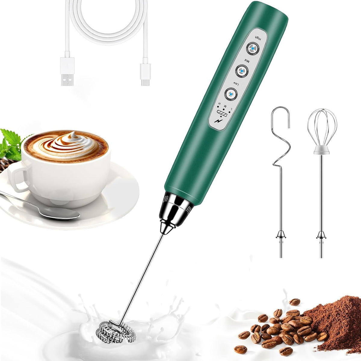 Milk Frother Handheld for Coffee, Electric Whisk 3 Speed Adjustable, Drink Mixer with Stainless 3 Whisks, Rechargeable Hand Frother Wand, for Latte Cappuccino Hot Chocolate Egg Green