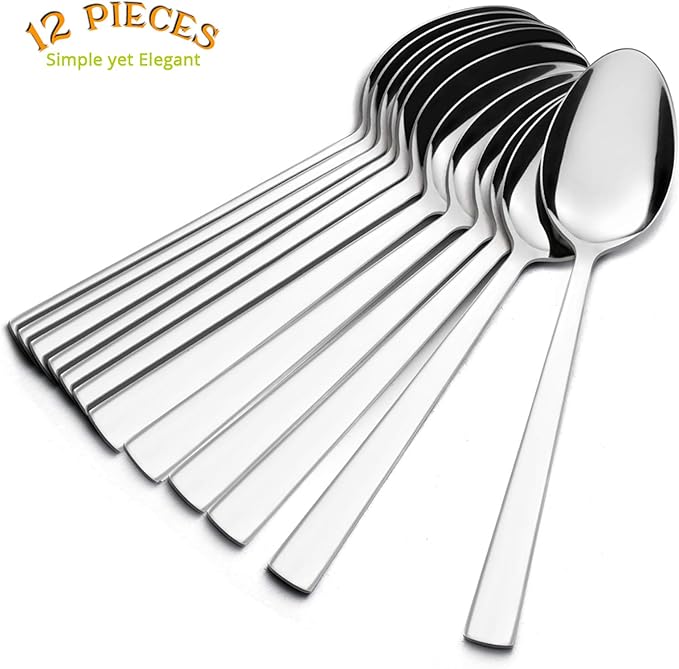 Dinner Spoons Set of 12, E-far 7.9 Inch Stainless Steel Soup Spoons Tablespoons for Home, Kitchen or Restaurant, Non-toxic & Mirror Polished, Squared Edge & Dishwasher Safe