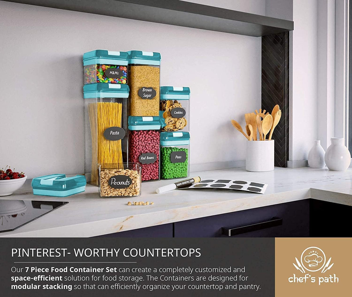 Airtight Food Storage Containers for Pantry Organization & Storage - 7 PC Pantry Organizer Plastic Containers for Food with Flip Lock Lids - Stackable Sugar Container & Food Storage Canisters (Teal)