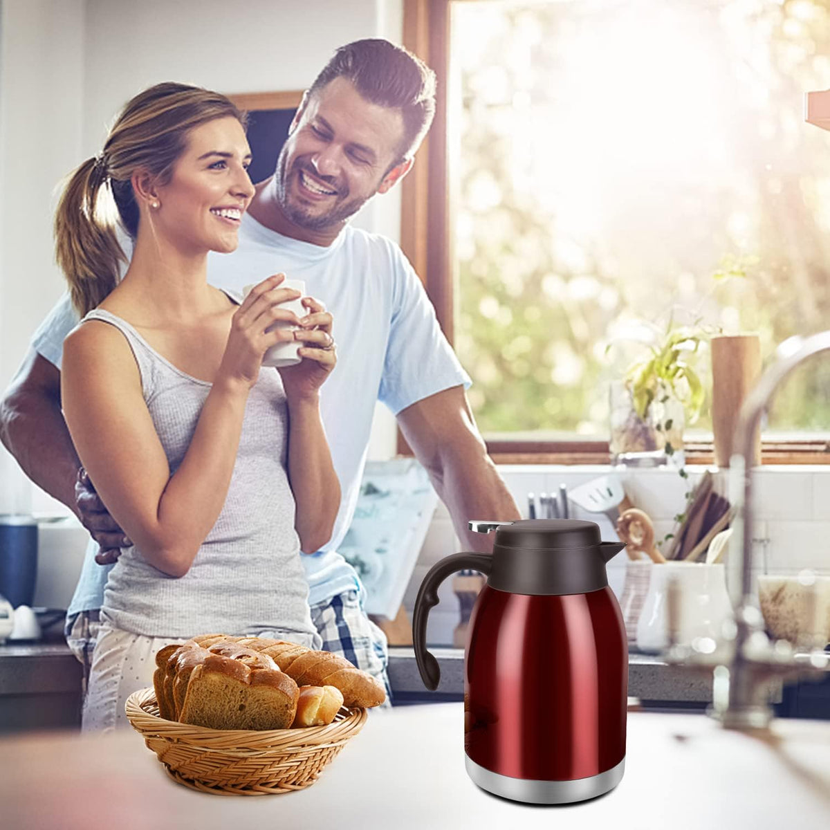 54oz Thermal Coffee Carafe, Stainless Steel Insulated Thermal, Double Wall Vacuum Flask, Small Coffee Carafe for Keeping Hot or Cold Drinks, Coffee, Tea (Bright Red)
