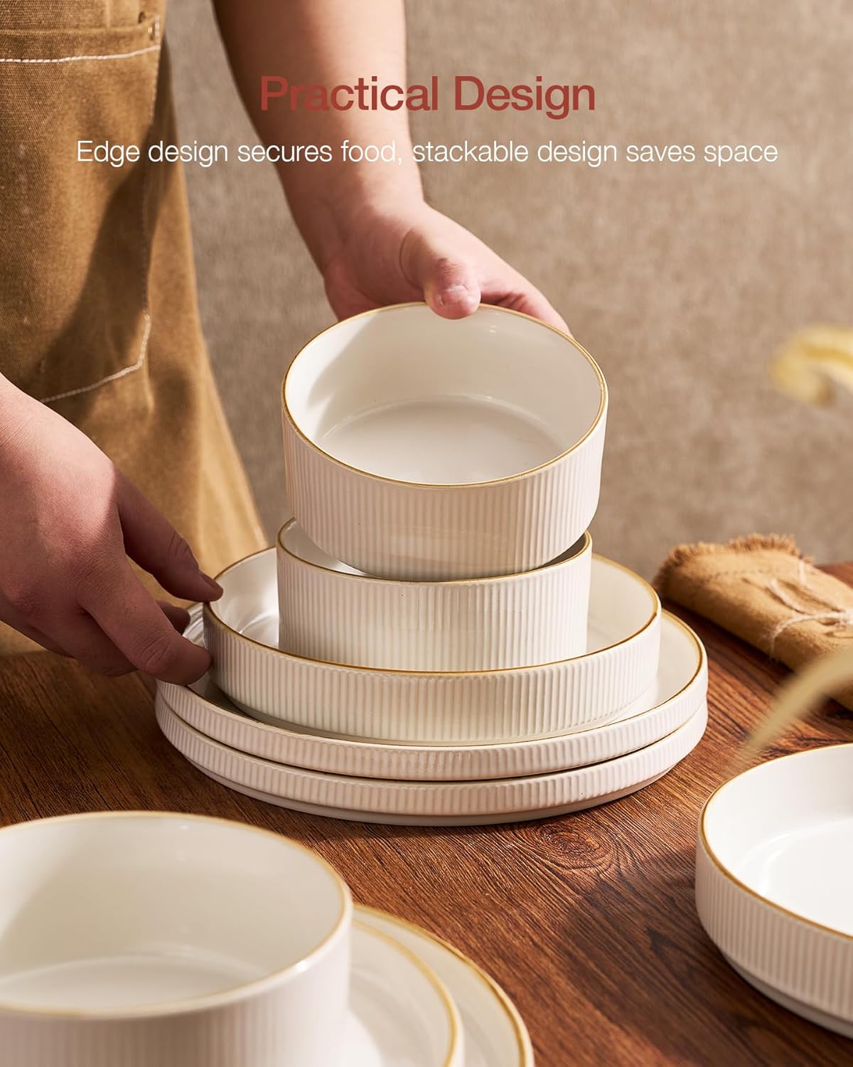 Famiware Star Dinnerware Set, Plates and Bowls Sets for 4 (12pcs), Ribbed Stoneware Dishes - Chip & Scratch Resistant, Microwave & Dishwasher Safe Tableware, Vanilla White