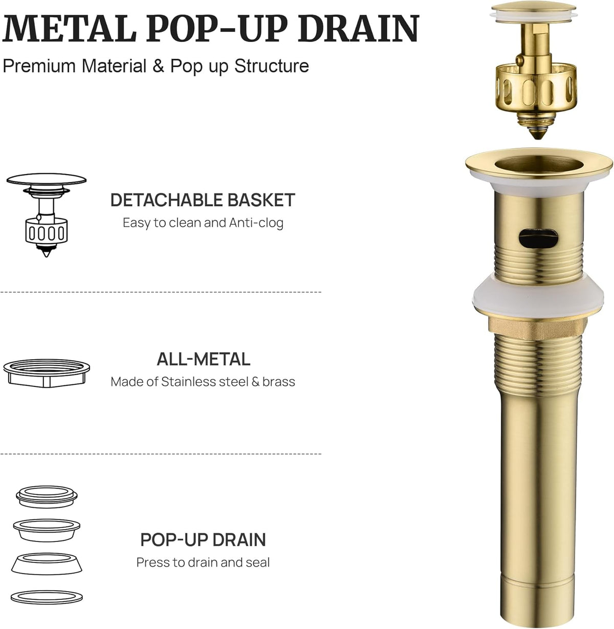 Pop up Sink Drain Stopper for Bathroom Vessel Vanity Sink Art Basin Brushed Gold, Small Cap with Overflow, Metal Pop-up Drain Strainer with Detachable Basket Stopper