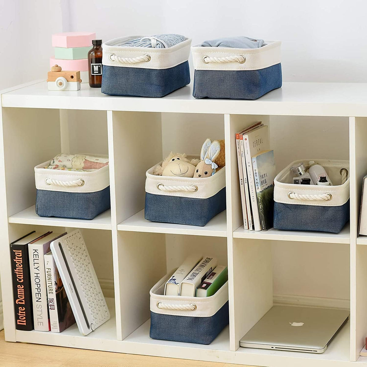 TheWarmHome Storage Basket for Organizing - Small 12x8x5.2 inch 6 Pack Collapsible Storage Bin for Shelves, Canves Storage Cubes for Organizer Cloth Box Gift Toys Closet (White & Jean Blue)