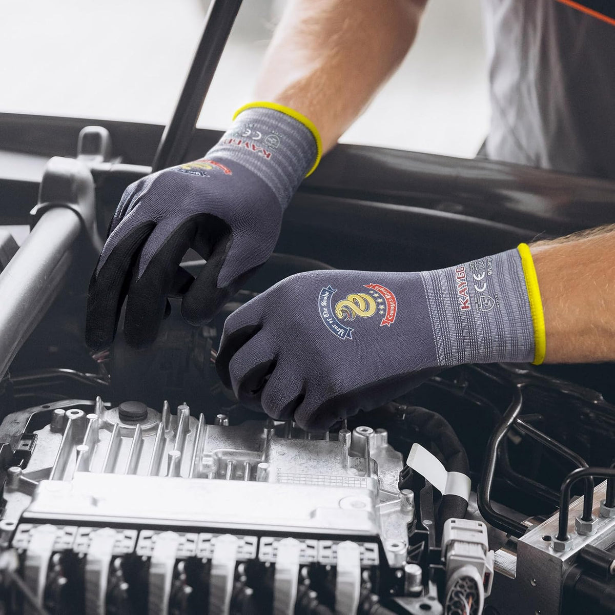 KAYGO Safety Work Gloves MicroFoam Nitrile Coated, 3 Pairs KG18NB,Seamless Knit Nylon Glove for Men and Women, Ideal for Automotive,Warehouse,Construction (Small,Gray)