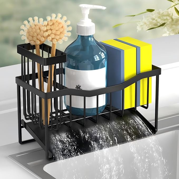 Maifan Sink Caddy Sponge Holder for Kitchen with Brush Holder and Stainless Steel Self Drain Tray, Rustproof Kitchen Sink Organizer for Sponge, Soap Dispenser Storage Accessories