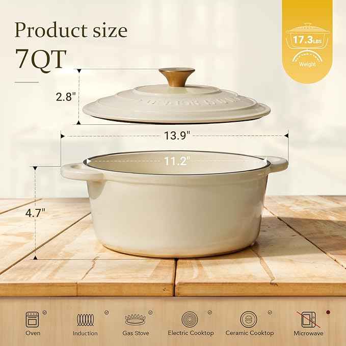 Overmont Enameled Cast Iron Dutch Oven - 7QT Pot with Lid Cookbook & Cotton Potholders - Heavy-Duty Cookware for Braising, Stews, Roasting, Bread Baking Cream White
