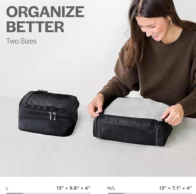 Aerotrunk Compression Packing Cubes for Travel - Luggage Organizer Bags - Double Zipper Packing Cubes for Suitcases (2-Pack, Black)