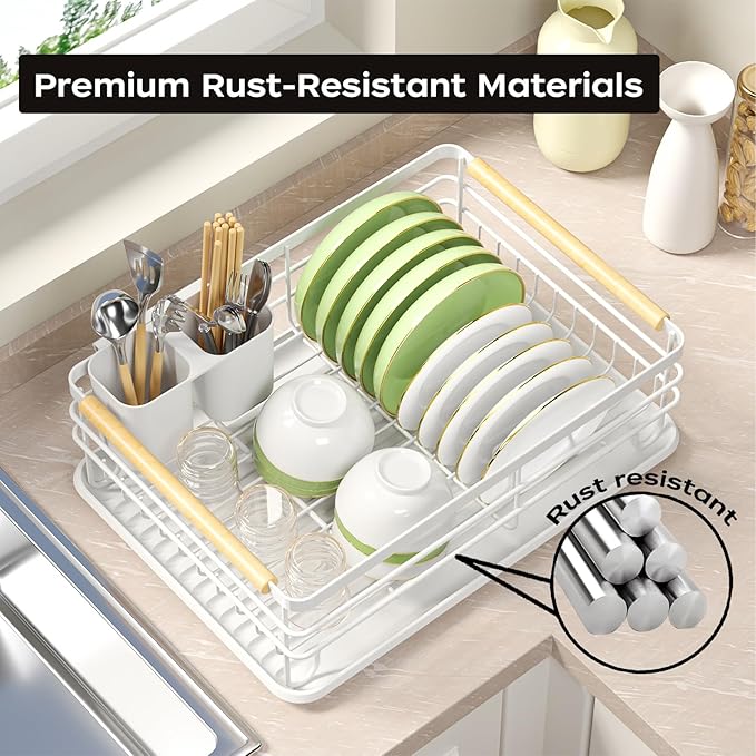 Dish Racks for Kitchen Counter: Wooden Handles, Thickened Metal, No Assembly. Small Dish Drying Rack: Ideal for Small Households. Drying Rack Kitchen: White