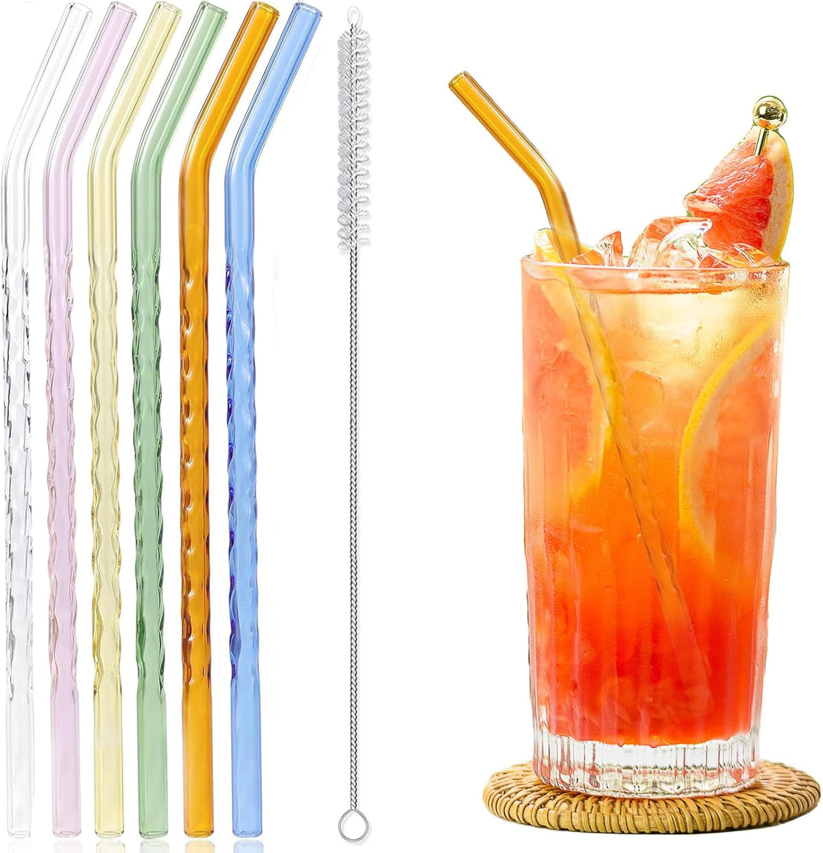 6-Pack Reusable Glass Straws Set, Clear Glass Drinking Straw, Cute Colorful Straws with Cleaning Brush, 8''x8MM