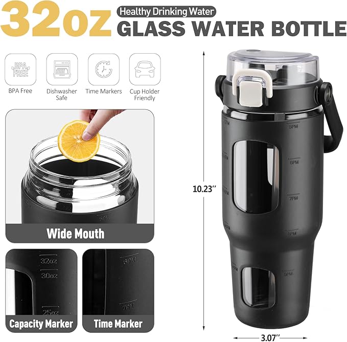 BLUEGO 32oz Glass Water Bottles with Straw Time Marker Half Gallon Large Motivational Water Bottle with Silicone Sleeve 2 Liter Large Glass Water Jug for Gym, Sports& Workout, Daily, Black