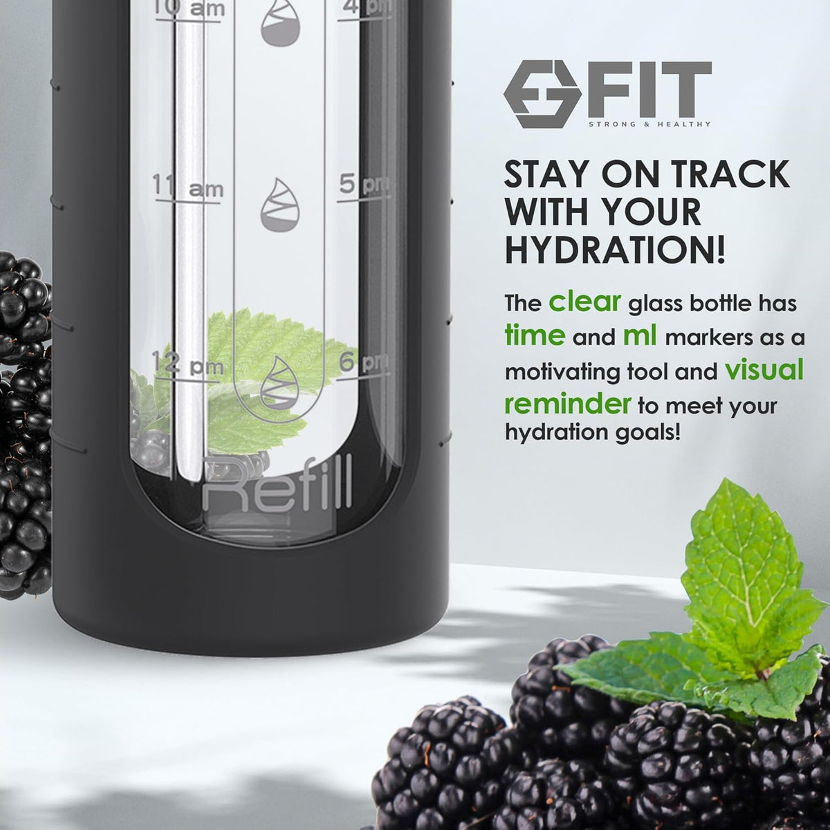 FIT Strong & Healthy 32 oz Glass Water Bottle with Straw Lid, Time Marker, Sleeve & Extra Lid - Motivational, Wide Mouth 1 Liter Glass Drinking Bottle