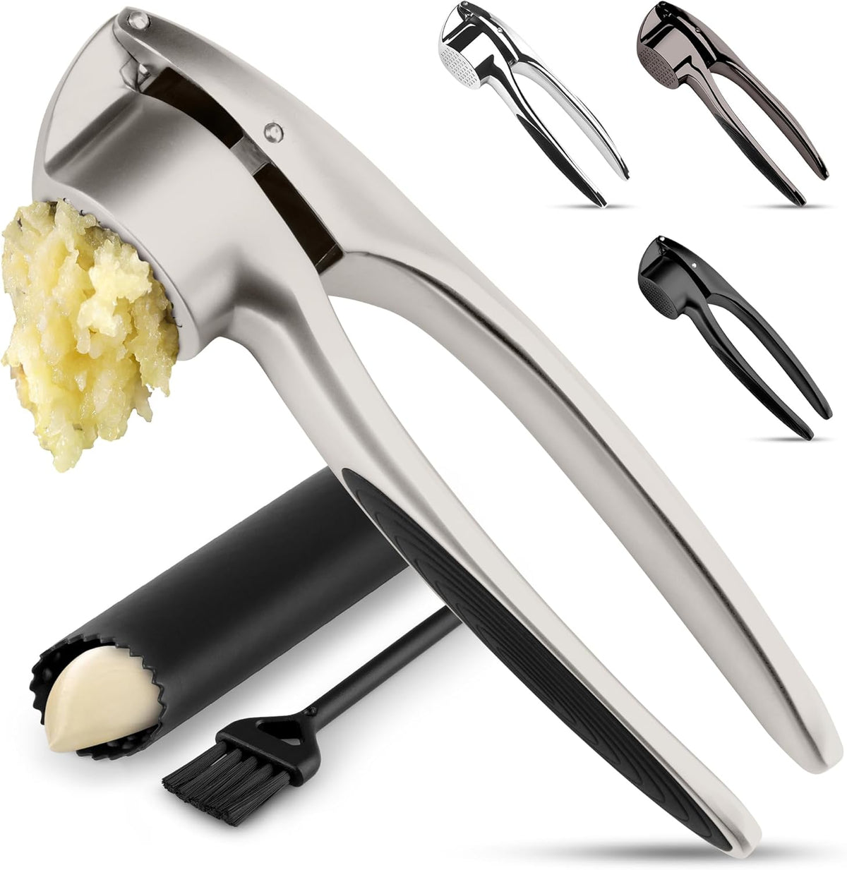 Zulay Kitchen Premium Garlic Press Set – Rust Proof & Dishwasher Safe Garlic Mincer Tool with Silicone Garlic Peeler & Brush, Easy Squeeze & Clean, Ergonomic Soft Grip Handle - Medium – Silver