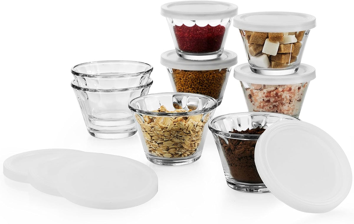 Libbey Baker’s Basics 8-Piece Cupcake Party Glass Baking Dish Set with Lids, Round Small Glass Bowls, Prep Bowls for Cupcakes, Mini Pot Pies, and More