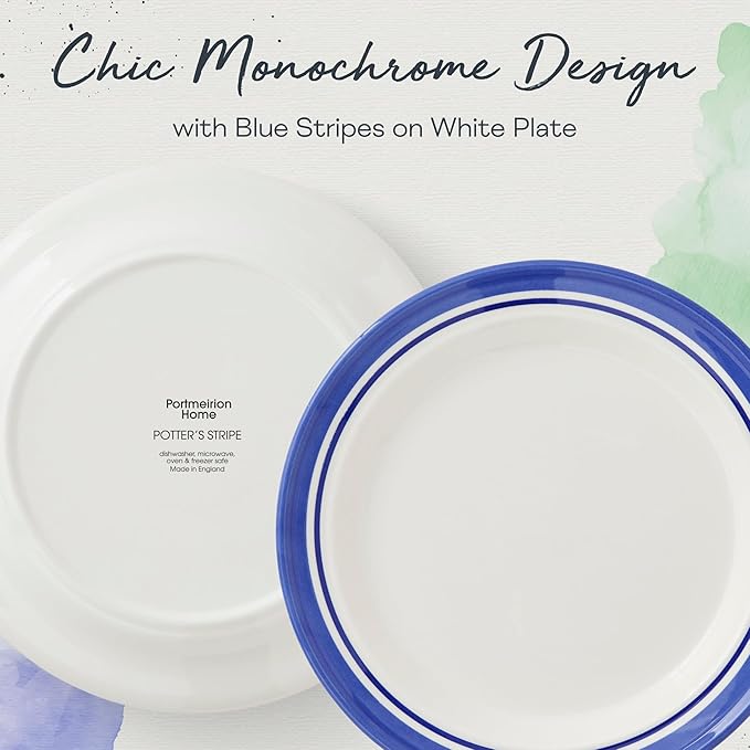 Portmeirion Potter's Stripe Dinner Plate (Set of 4) - 10.5" Earthenware Plates with Classic Striped Rim - Microwave, Dishwasher, Freezer, Oven Safe - Ideal Modern Dinnerware Set (Blue Stripe)