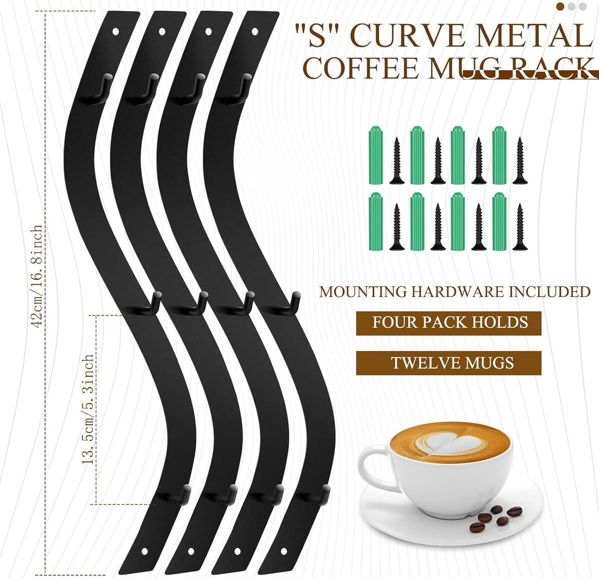 Sosation 4 Pack Coffee Mug Wall Rack Mounted with 12 Hooks S Curve Metal Coffee Cup Rack Wall Hanging Holder for Bar Kitchen Corner Station Decor Display
