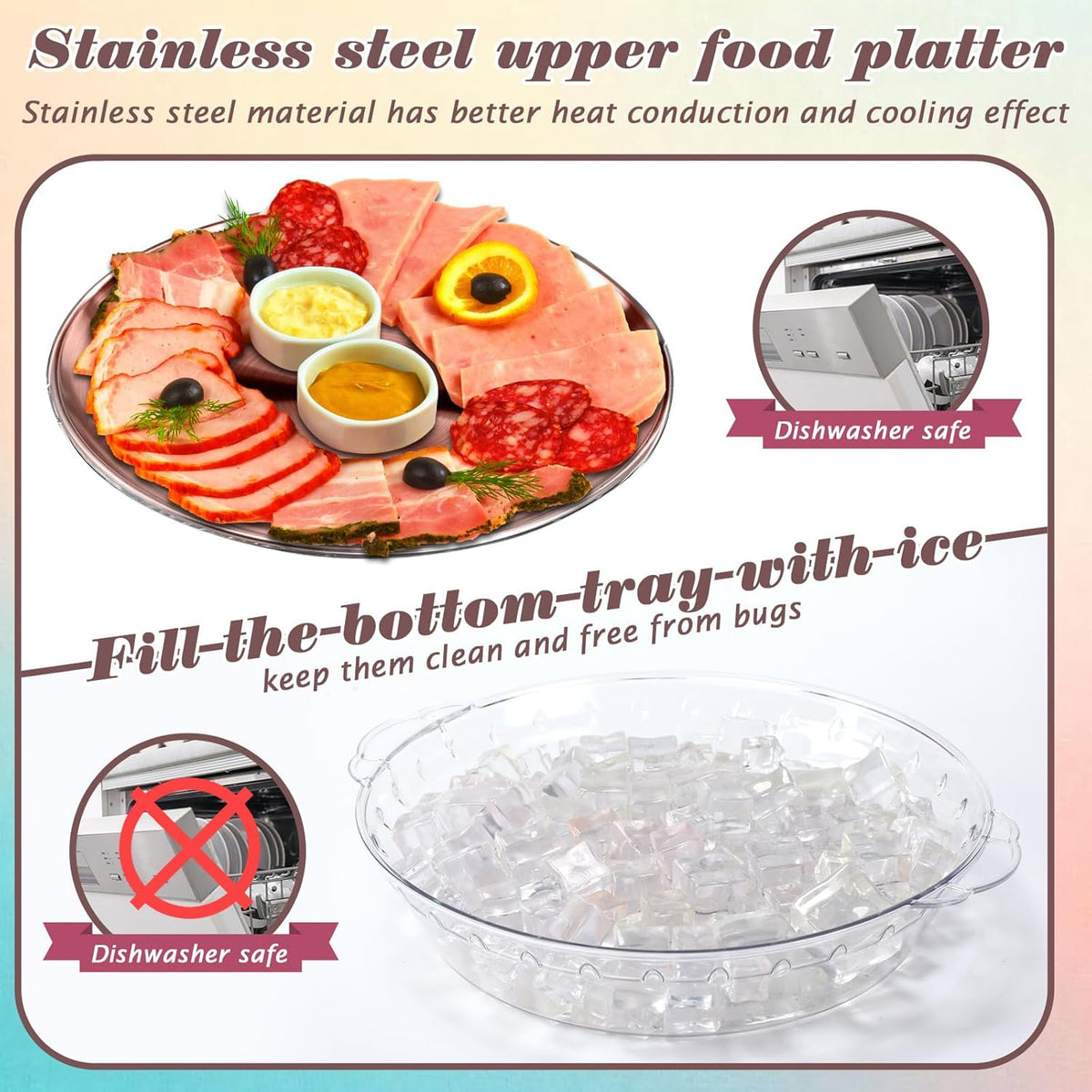 Baderke 3 Set 11.8" Chilled Serving Tray for Parties with Compartments Ice Chilled Party Platter Charcuterie Serving Board Cold Dish Dip for Fruit Seafood Vegetable Shrimp Cocktail (Rose Gold)