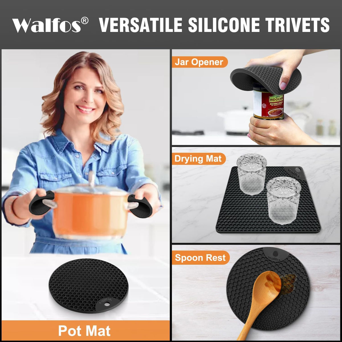 Walfos Silicone Trivet Mats - 4 Heat Resistant Pot Holders, Multipurpose Non-Slip Hot Pads for Kitchen Potholders, Hot Dishers, Jar Opener, Spoon Holder, Food Grade Silicone & BPA Free (Black)
