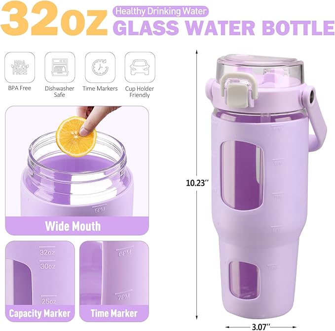 BLUEGO 32oz Glass Water Bottles with Straw Time Marker Half Gallon Large Motivational Water Bottle with Silicone Sleeve 2 Liter Large Glass Water Jug for Gym, Sports& Workout, Daily, Purple