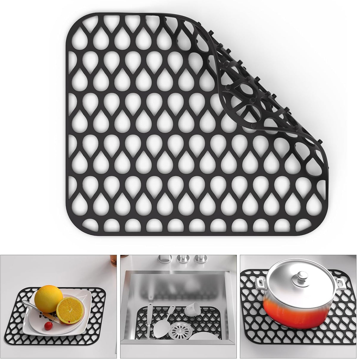 Kitchen Sink Mats,1Pcs TOOVEM 13.6"x11.6" Kitchen Sink Protector Grid for Bottom of Center Drain, Non-slip Heat Resistant Liner for Farmhouse Stainless Steel Porcelain Black