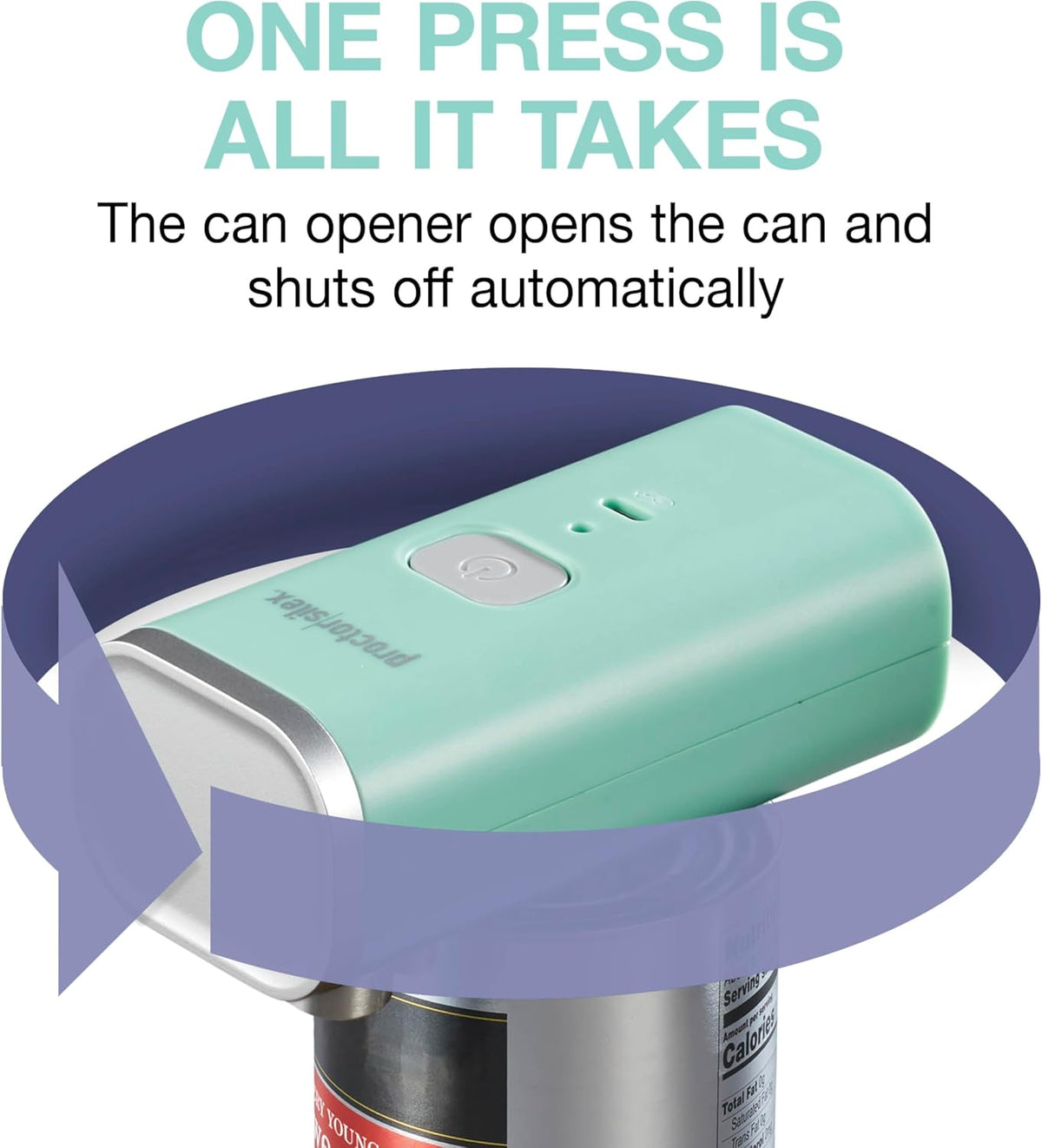 Proctor Silex Automatic Electric Can Opener, Hands Free Cordless Operation & USB Rechargeable, Self-Aligning, Cut Smooth Touch Lid Edges, Compact and Easy to Store, Mint