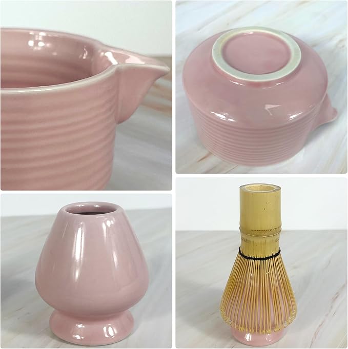 Matcha Whisk Set 6 pc Kit - Traditional Japanese Chasen, Bamboo Whisk Holder, Ceramic Bowl with Spout, Sifter & 2 pc Spoons - matcha kit set, Gift for Matcha Tea Lovers(Pink)