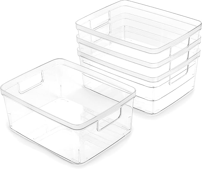 BINO Plastic Storage Containers, Small - 4 Pack THE LUCID COLLECTION, Multi-Use Organizer Bins Built-In Handles BPA-Free Clear, Fridge, Pantry & Home Organization