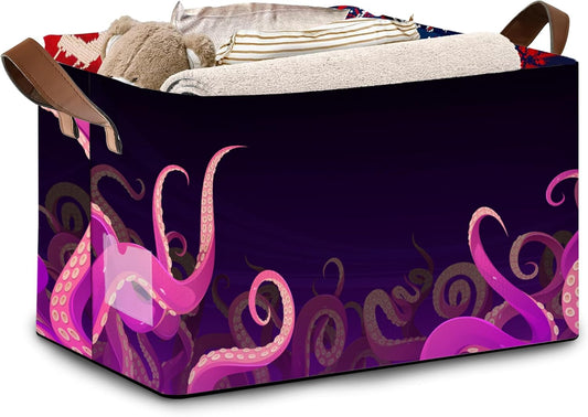 Ocean Life Storage Basket Large 17x11.5x10.5 Inche-Collapsible Fabric Organizer Bin with Handles for Beach House, Kids Room, Marine Theme-Decorative Hamper with Sea Creature Tentacle-Single Pack