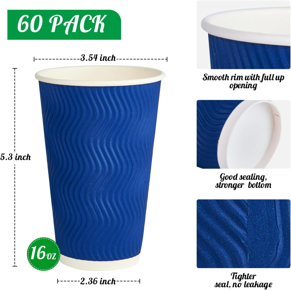 JollyPack Paper Coffee Cups, 16 oz, Blue, 60 Pack, Heat Resistant, Disposable, Ripple Wall, for Coffee, Tea, Hot Chocolate