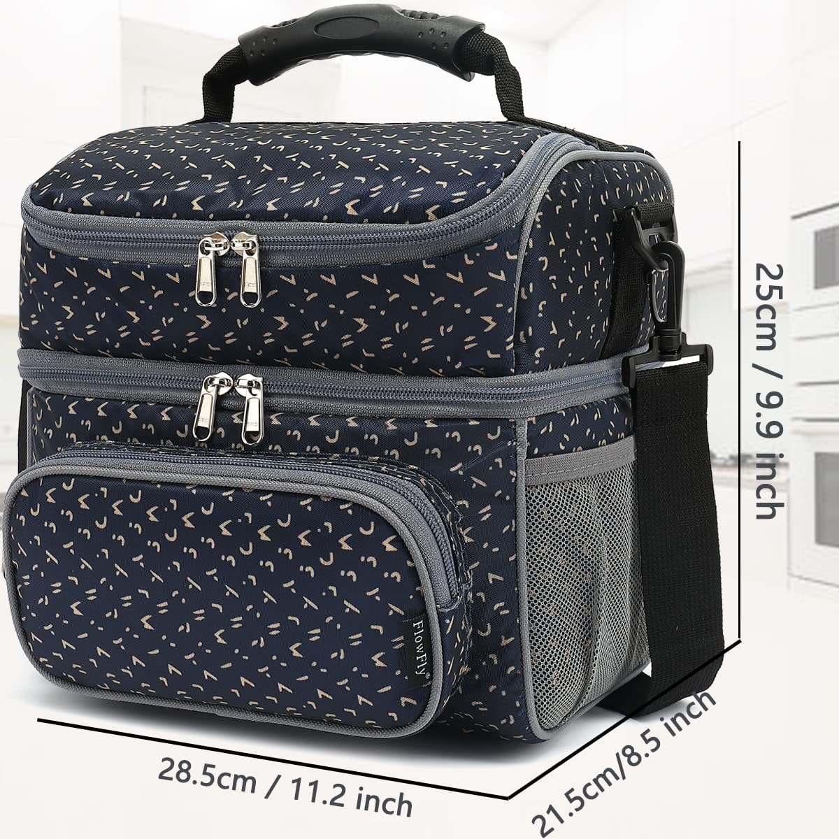 FlowFly Double Layer Cooler Insulated Lunch Bag Adult Lunch Box Large Tote Bag for Men, Women, With Adjustable Strap,Front Pocket and Dual Large Mesh Side Pockets