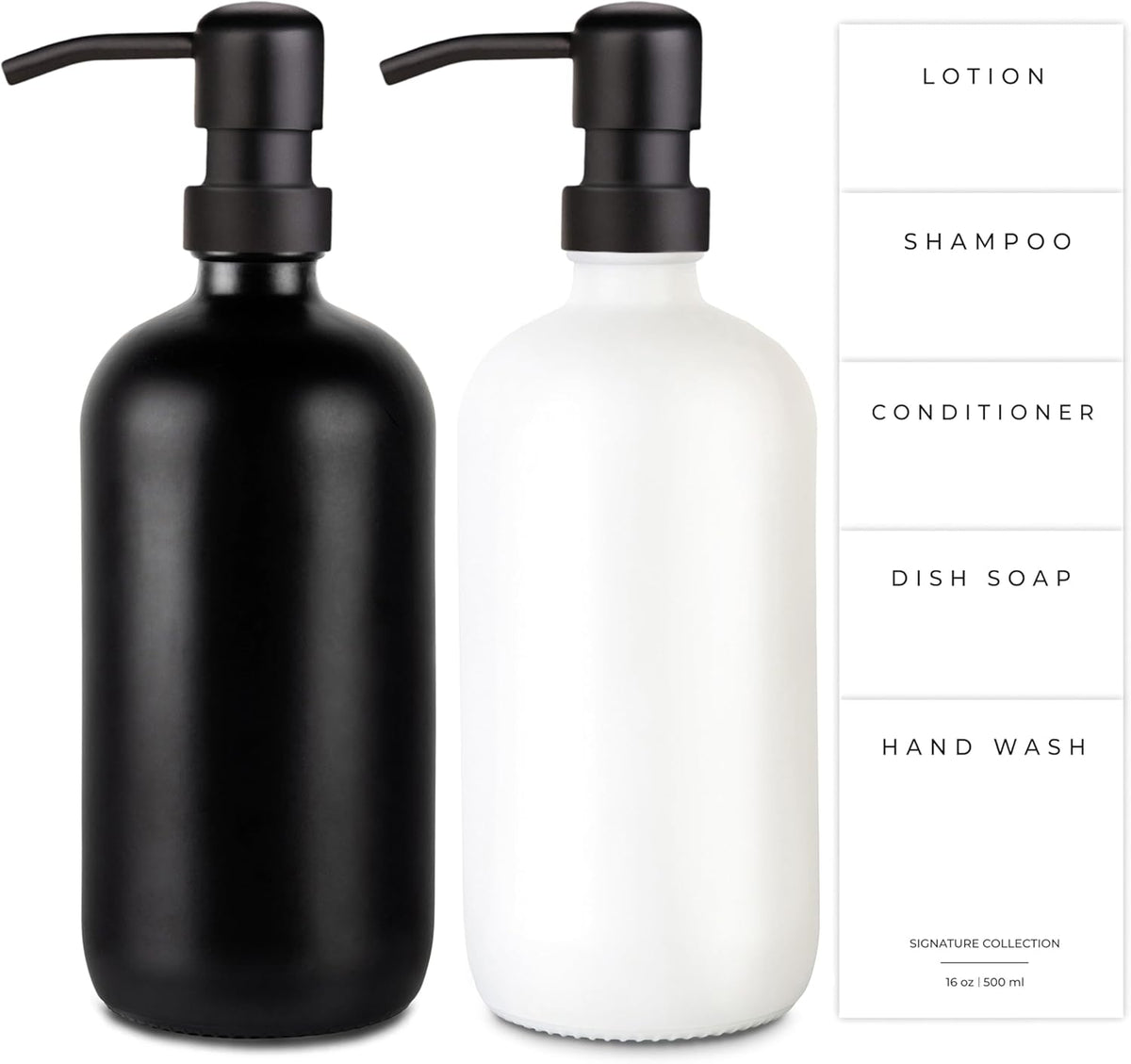 Emerson Essentials Soap Dispenser, Hands and Dishes Bottles, Kitchen Set, Glass Boyylrd with Pump and Labels,16 Ounces, 2-Pack