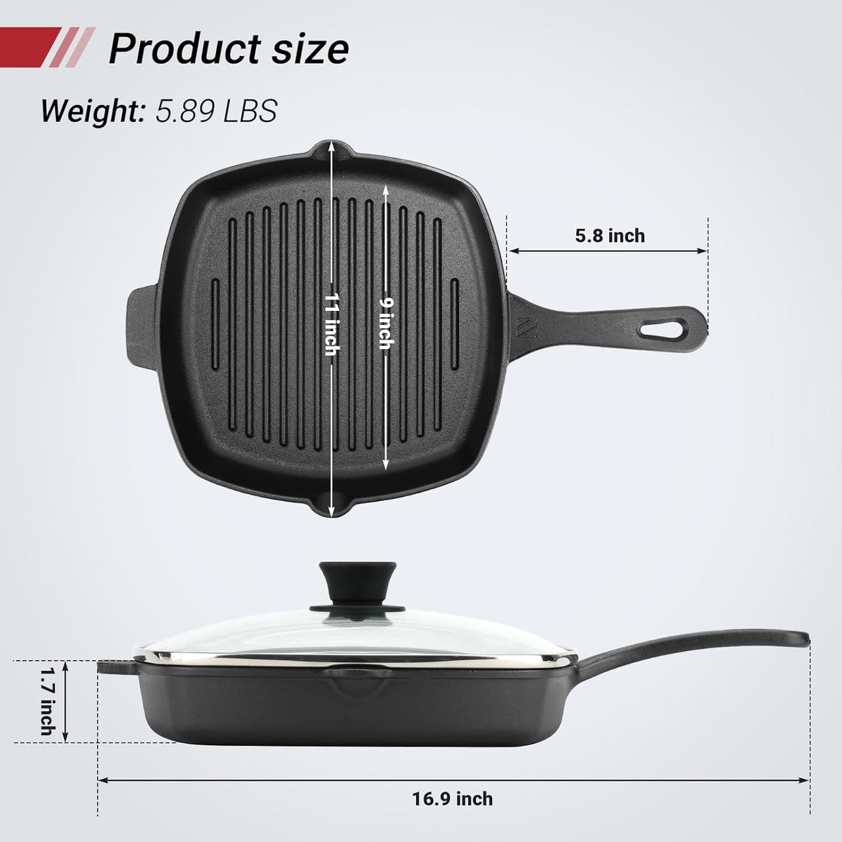 10.5 Inch Cast Iron Square Grill Pan with Tempered Glass Lid, Heavy Steak & Bacon Pans for Stove Tops