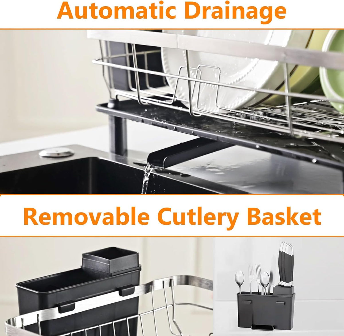 Stainless Steel Dish Drying Rack with Drainboard Dish Drainers for Kitchen Counter Extendable Spout Strainers with Utensil Holder and Knife Slots, Black