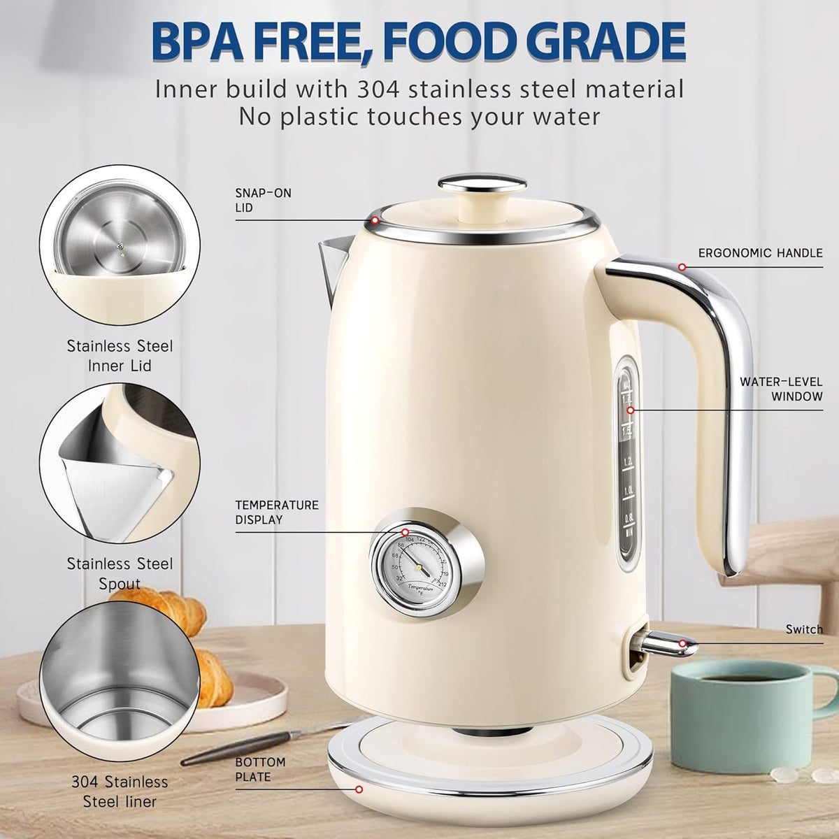 PUKOMC Electric Kettle, 1.7L Stainless Steel Tea Kettle with Temperature Gauge, 1500W Water Boiler with LED Light, BPA-Free, Auto Shut-Off and Boil-Dry Protection (Beige) Visit the Pukomc Store
