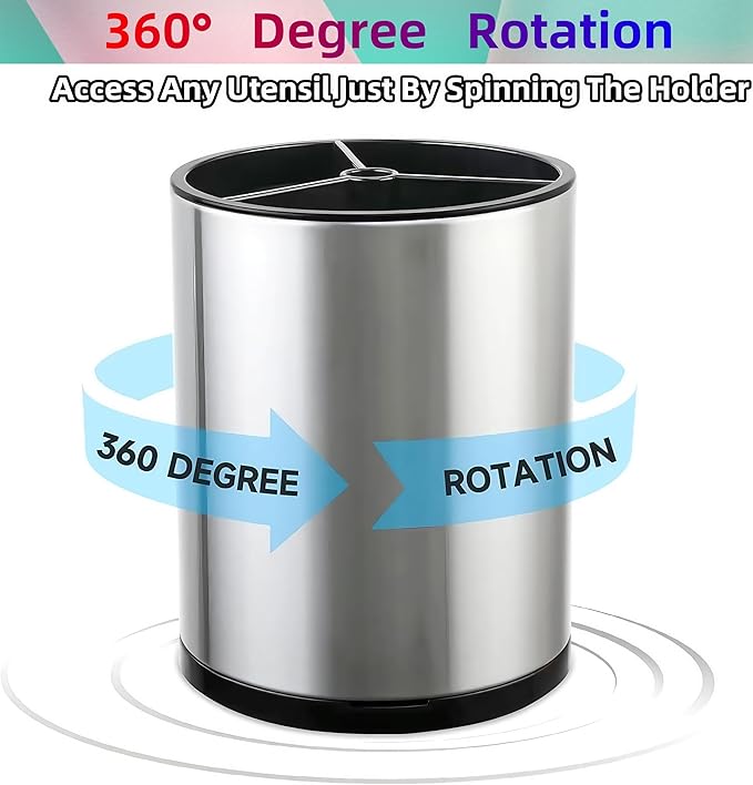 Utensil Holder,Large 360°Rotating Kitchen Utensil Holder For Counter,Cooking Silverware Organizer Stainless Steel Caddy Flatware Spoon Spatula Tool Cutlery Container