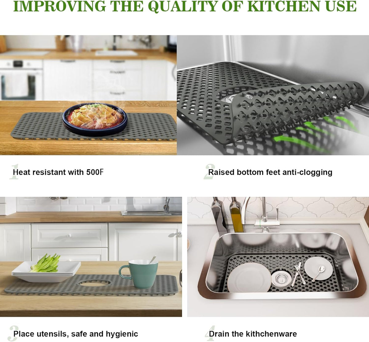 TOOVEM Silicone Kitchen Sink Mat with Non-slip, Stable, Farmhouse Sink Protector for Kitchen Stainless Steel Drainboard- Grey
