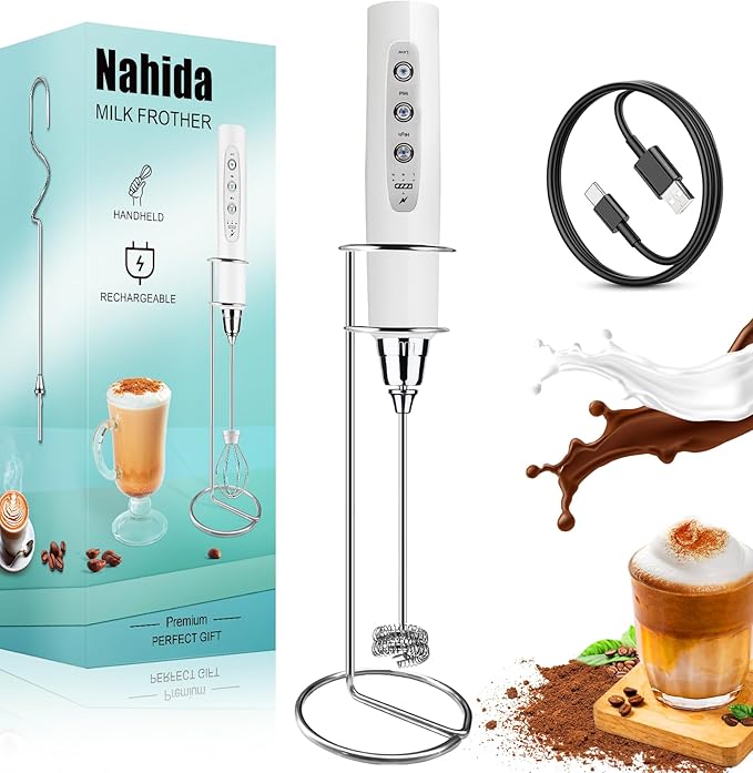 Nahida Rechargeable Milk Frother Wand for Coffee Include Stand - White