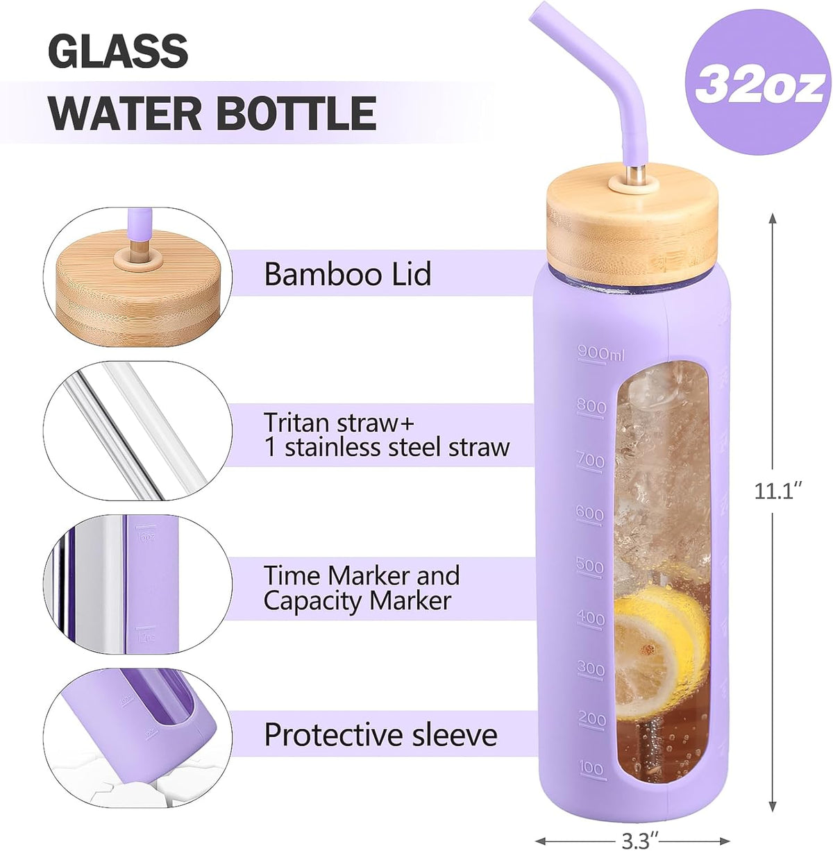 32oz Glass Water Bottle with Straw and 2 Lids- Bamboo Straw and Spout Lid with Phone Holder for Gym, Glass Drinking Bottles with Silicone Sleeve and Motivational Time Marker, Purple