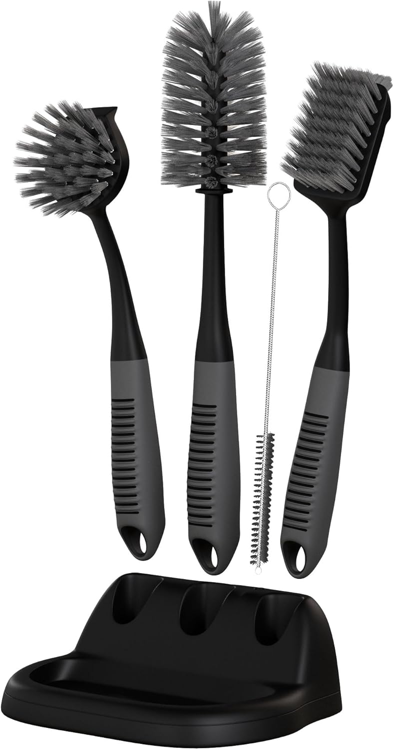 Dish Brush Set of 5 with Holder - Kitchen Scrub Brushes with Non-Slip Long Handle for Cleaning, Scrubber, Dishwashing, Dishes, Bottles, Straws, Cups, Pots & Sink, Black