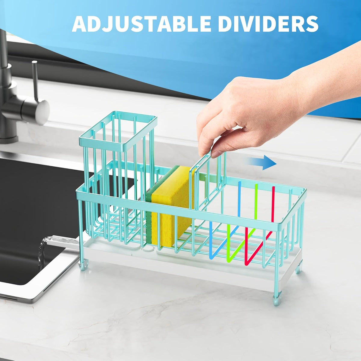 Cisily Turquoise Sponge Holder for Kitchen Sink, Sink Caddy Organizer with High Brush Holder, Kitchen Countertop Organizers and Storage Essentials, Rustproof 304 Stainless Steel, Soap Dispenser