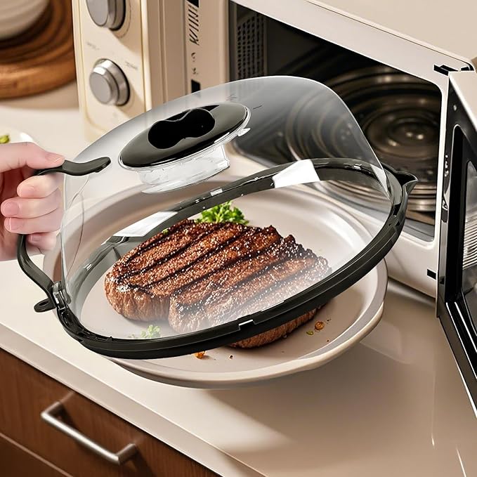 Microwave Splatter Cover, Microwave Cover with Water Steamer, 10 Inch Plate Covers with Integrated Handle Splatter Guard, Kitchen Gadgets & Accessories, House Essentials for Gift-Black