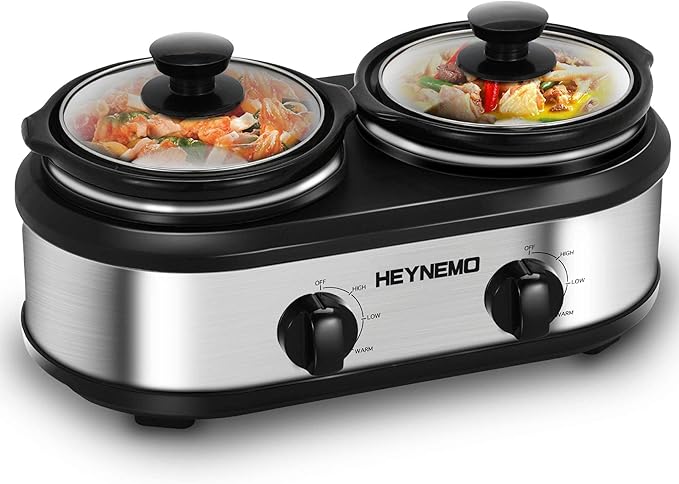 Double Slow Cooker, Buffet Servers and Warmers, Dual 2 Pot Slow Cooker Food Warmer, Adjustable Temp Dishwasher Safe Removable Ceramic Pot Glass Lid, 2 x 1.25 QT Portable Small Crock Cooker