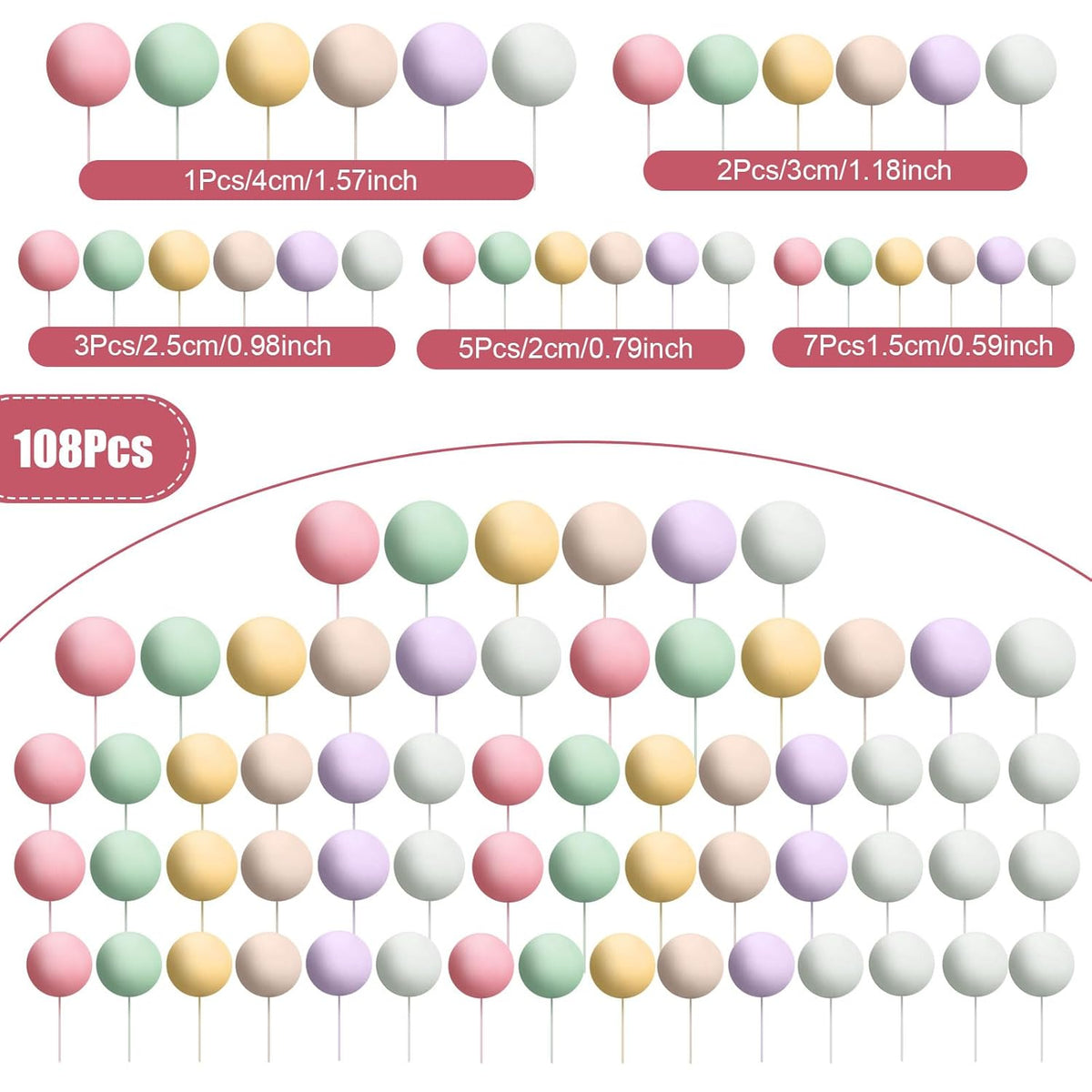 108 Pcs Balls Cake Topper DIY Cupcake Insert Foam Balloons for Cake Baking Wedding Anniversary Birthday Decoration(Vivid Colors,Multi Sizes)