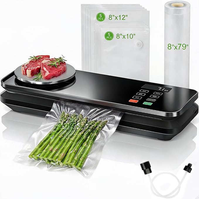 Food Vacuum Sealer Machine, 90KPA with Kitchen Scale, One-Touch Automatic, Multiple Modes, with 10 Sealer Bags and 1 Roll, Built-in Cutter, Black