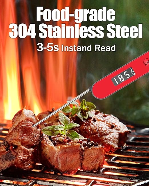 Meat Thermometer for Grill and Cooking, Instant Read Food Thermometer Battery Operated, Foldable Digital Probe, Steak Kitchen Thermometer for BBQ Oven Smoker, Store by Magnet & Hook (Red)